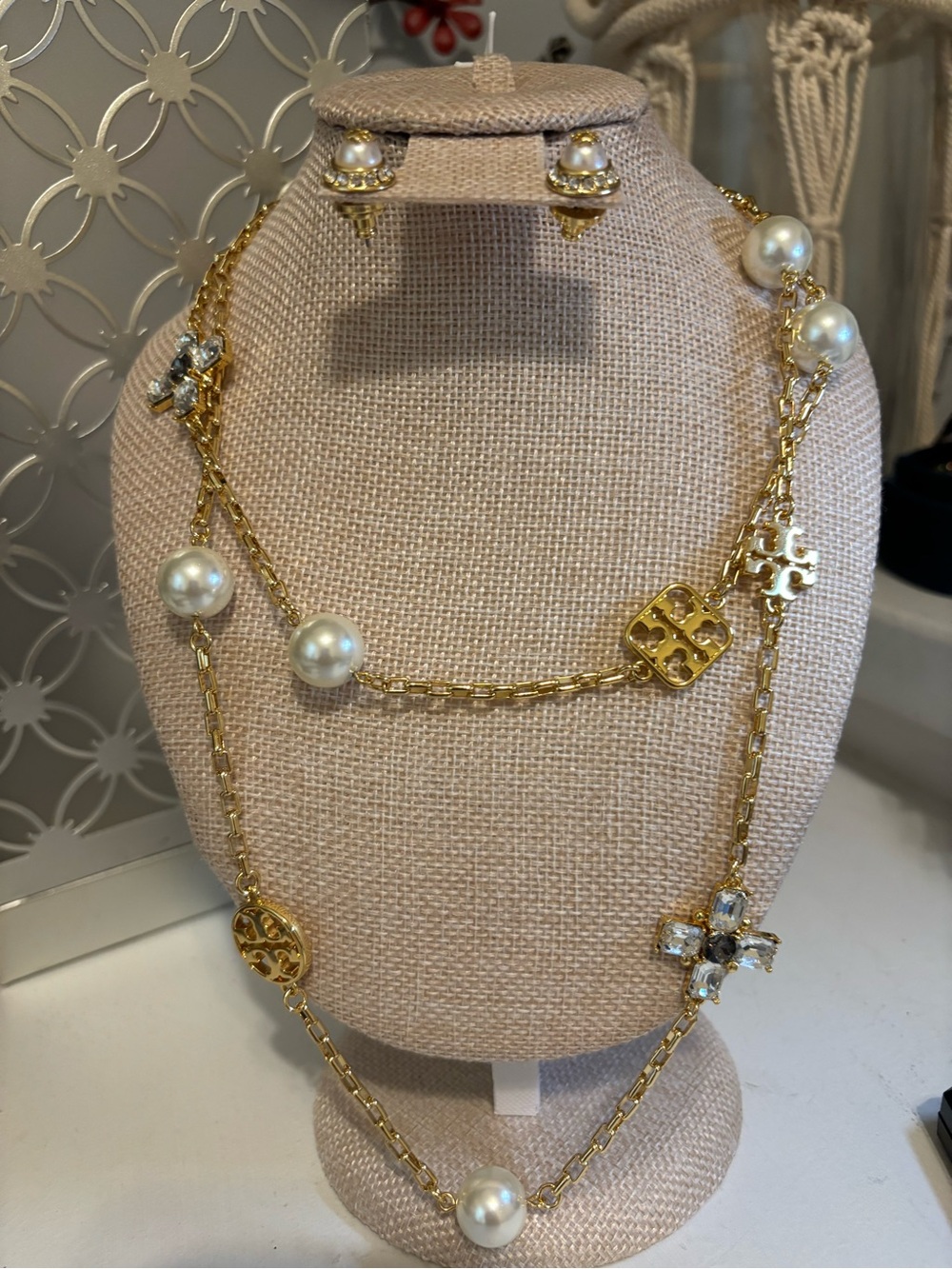 Tory Burch Gold Pearl Station Long Necklace with Logo & Crystal Accents